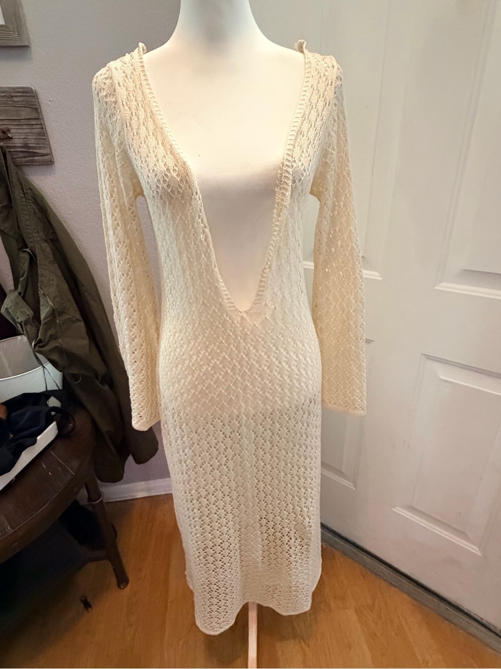 SHEIN Cream Openwork Crochet Maxi Dress | size large. Open front